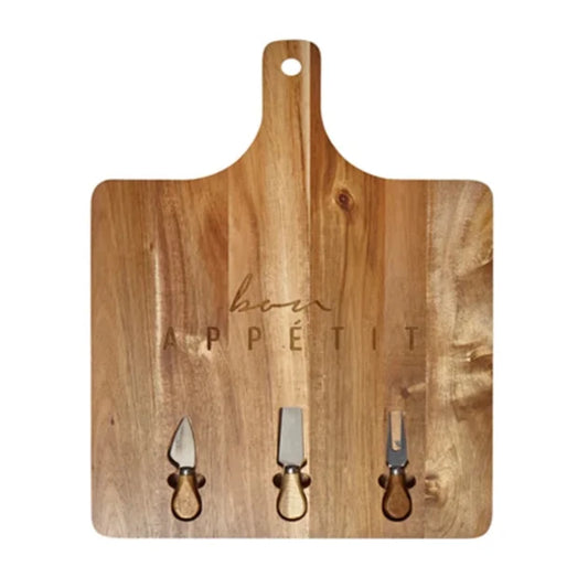 SERVING BOARD W/CHEESE KNIVES - SQUARE, NATURAL