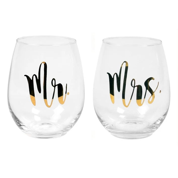 WINE GLASS, MR & MRS - GOLD