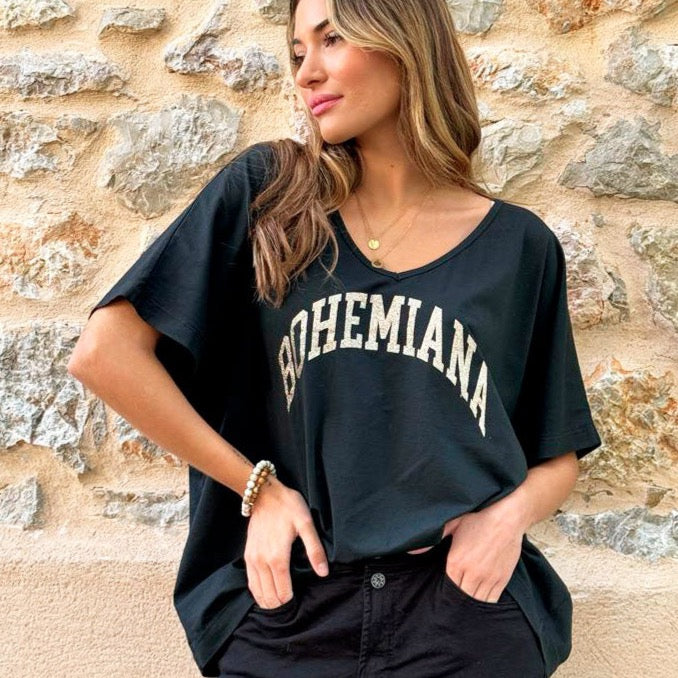 BOHEMIANA, GLITTER T-SHIRT - BLACK/GOLD