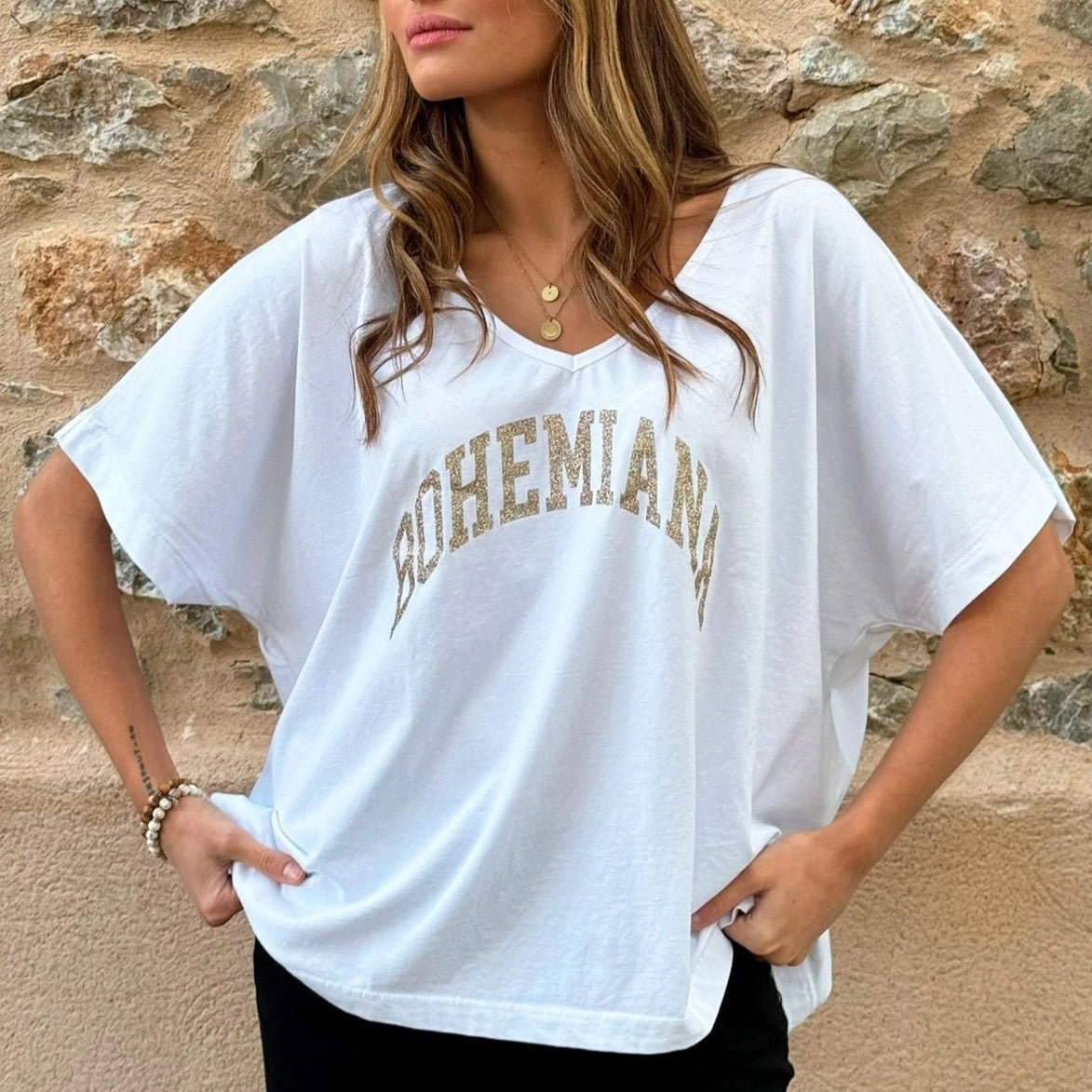 BOHEMIANA, GLITTER T-SHIRT - WHITE/GOLD