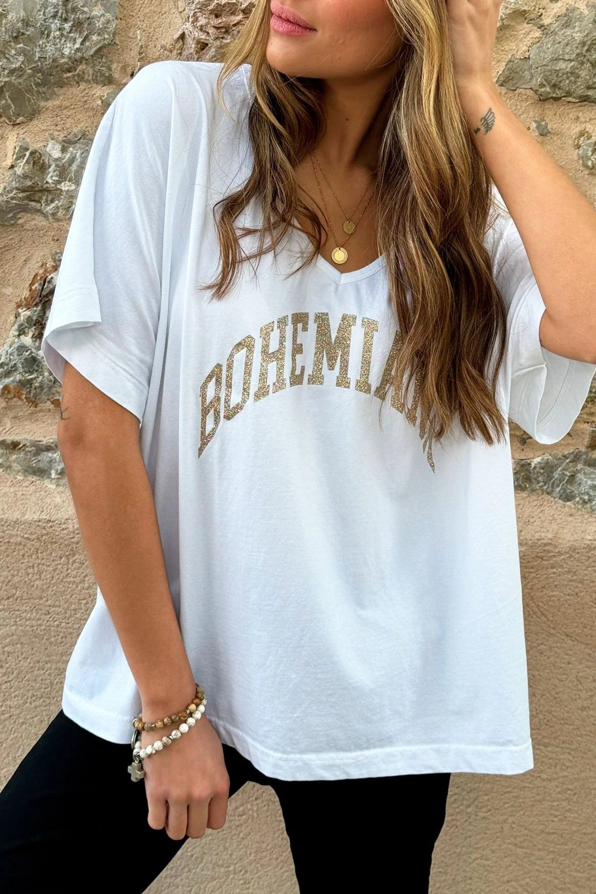 BOHEMIANA, GLITTER T-SHIRT - WHITE/GOLD