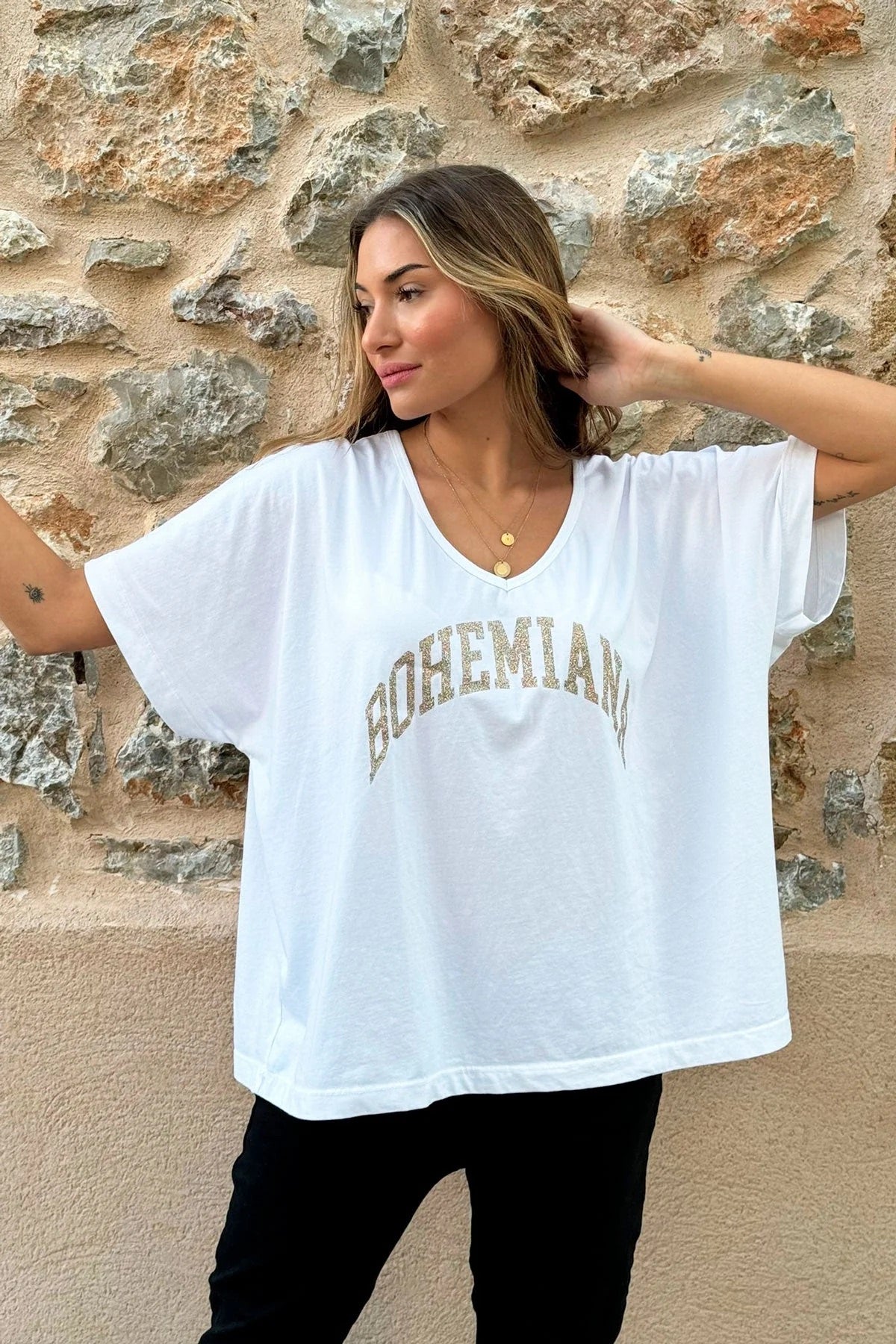 BOHEMIANA, GLITTER T-SHIRT - WHITE/GOLD