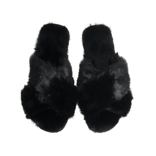 FUR SLIPPERS - BLACK (CRISS CROSS)